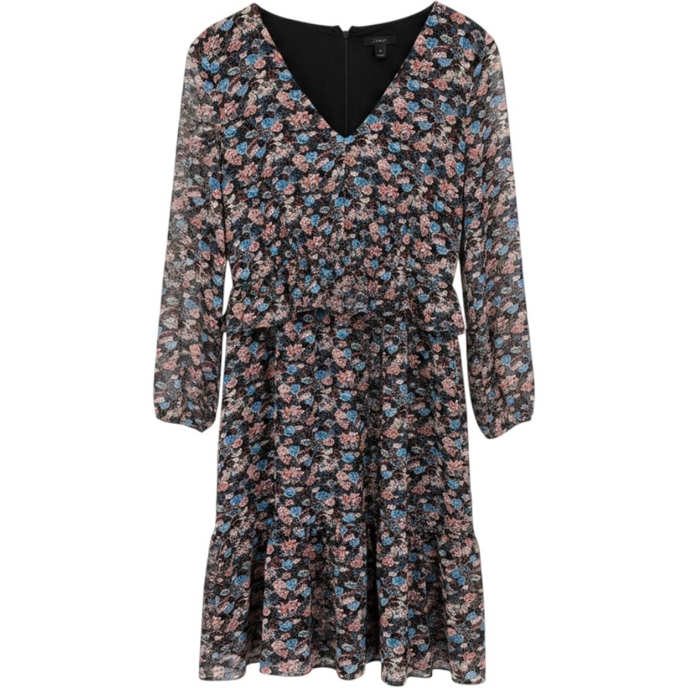 J Crew Floral Dress‎ 10 Black Ruffle Tiered Long Sleeve Dark Cottagecore Boho